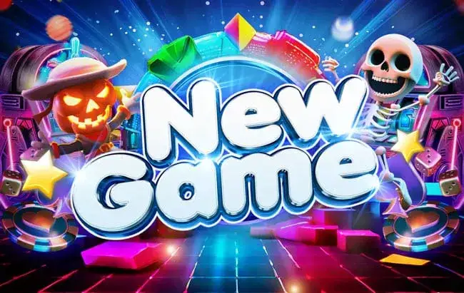 การ์ดหมวดเกมเปิดใหม่ เป็นภาพตัวละครฟักทองสวมหมวกกับโครงกระดูกการ์ตูนยืนขนาบข้างบนลานกระเบื้องเรืองแสง มีชิปและดาวสีสดกระจายอยู่ และมีข้อความ New Game ตัวหนาสีขาวอยู่กลางภาพ