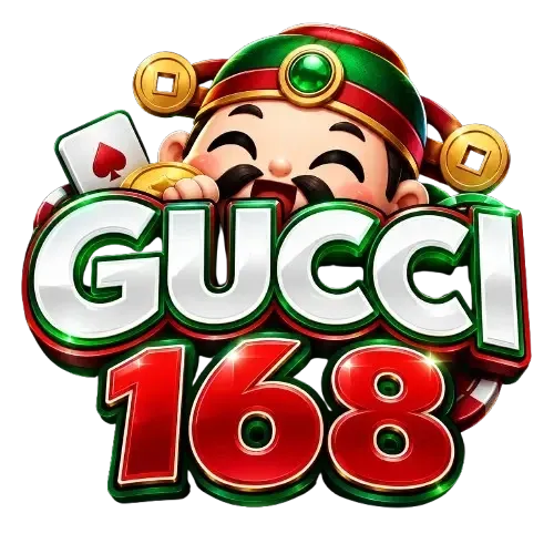 โลโก้ GUCCI168 บนพื้นโปร่งใส กลางภาพเป็นเทพเจ้าโชคลาภจีนหน้ากลมยิ้มตาหยี มีหนวดสองปลาย สวมหมวกทรงจีนสีเขียวมรกตคาดแถบแดง ประดับพลอยเขียวทรงรีในกรอบทองตรงกลางหมวก มีเหรียญทองจีนรูสี่เหลี่ยมห้อยอยู่สองข้าง ด้านหน้าเป็นตัวอักษรละตินหนาสามมิติคำว่า GUCCI สีขาวเงินตัดขอบเขียวมรกต วางทับตัวเลข 168 สามมิติสีแดงเมทัลลิกตัดขอบทอง และมีไพ่โพดำโผล่ออกมาทางซ้าย